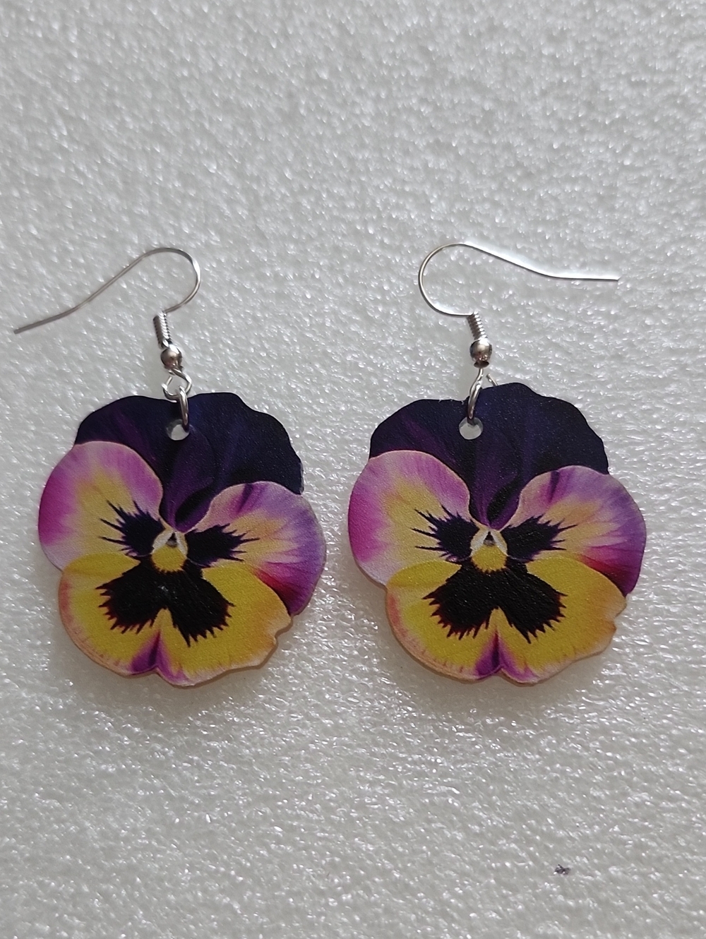 Hand Crafted Purple, Yellow & Black Pansy Drop Earrings